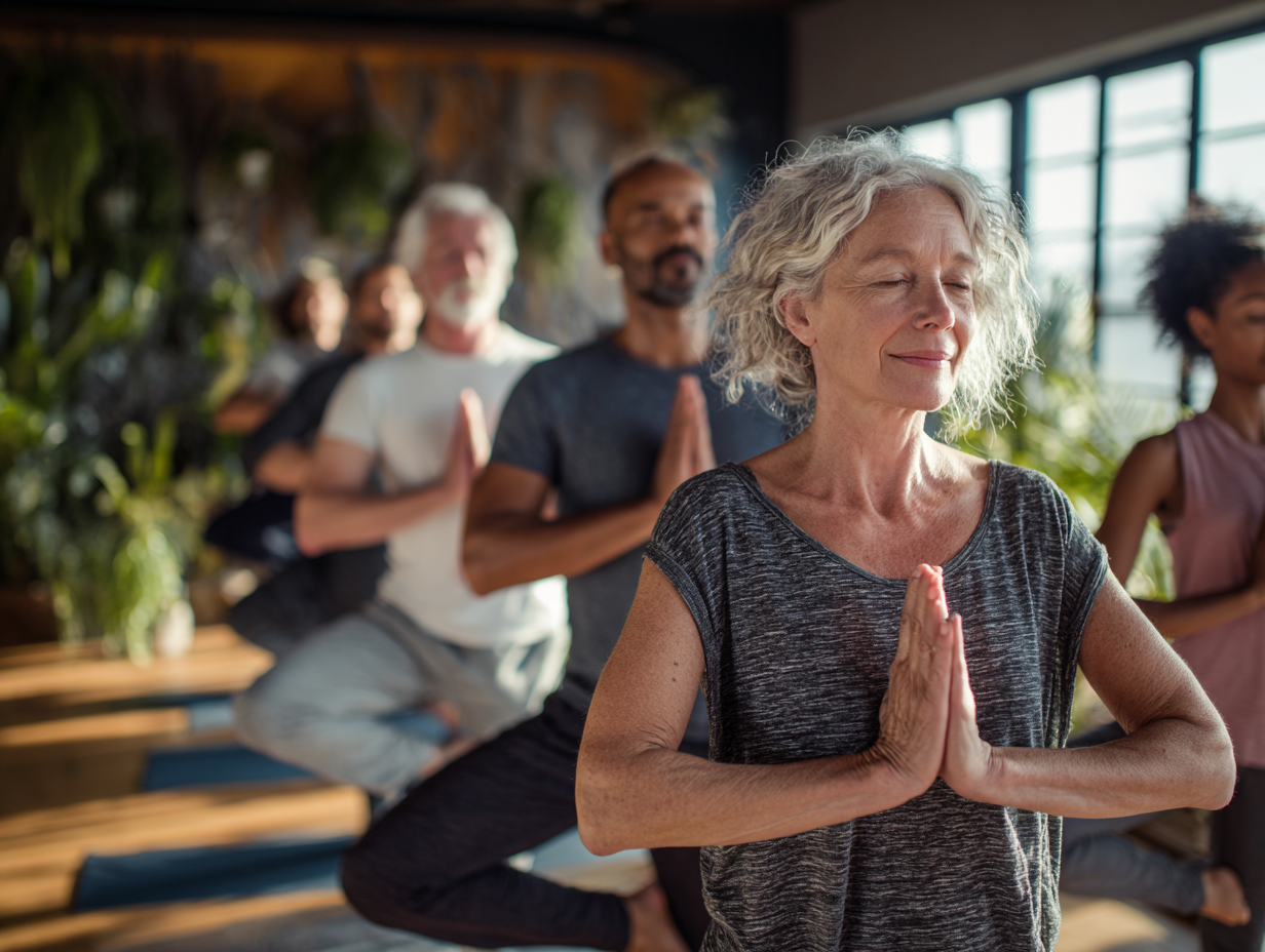 Жінка практикує йогу на природі в спокійному світанковому світлі